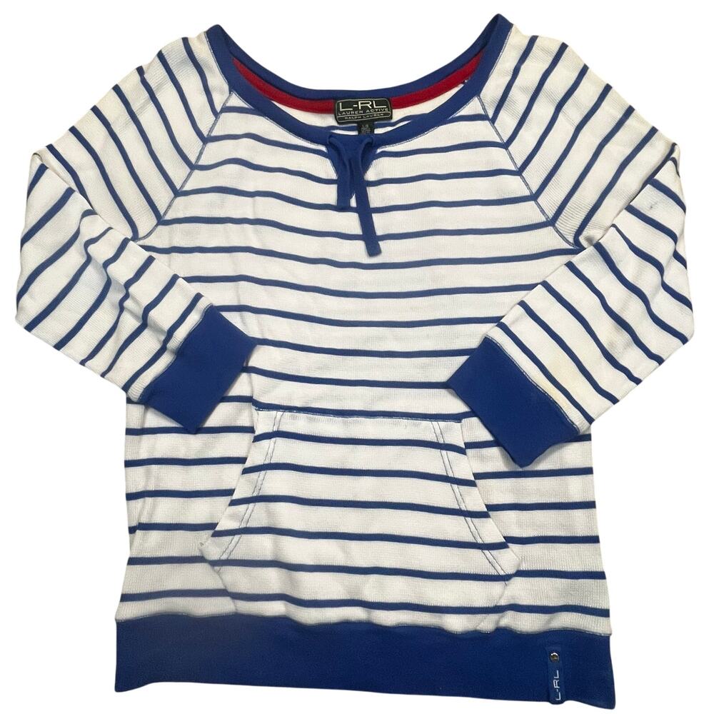 Lauren Ralph Active Women L Nautical Striped Pullover Preppy‎ Kangaroo Pocket
